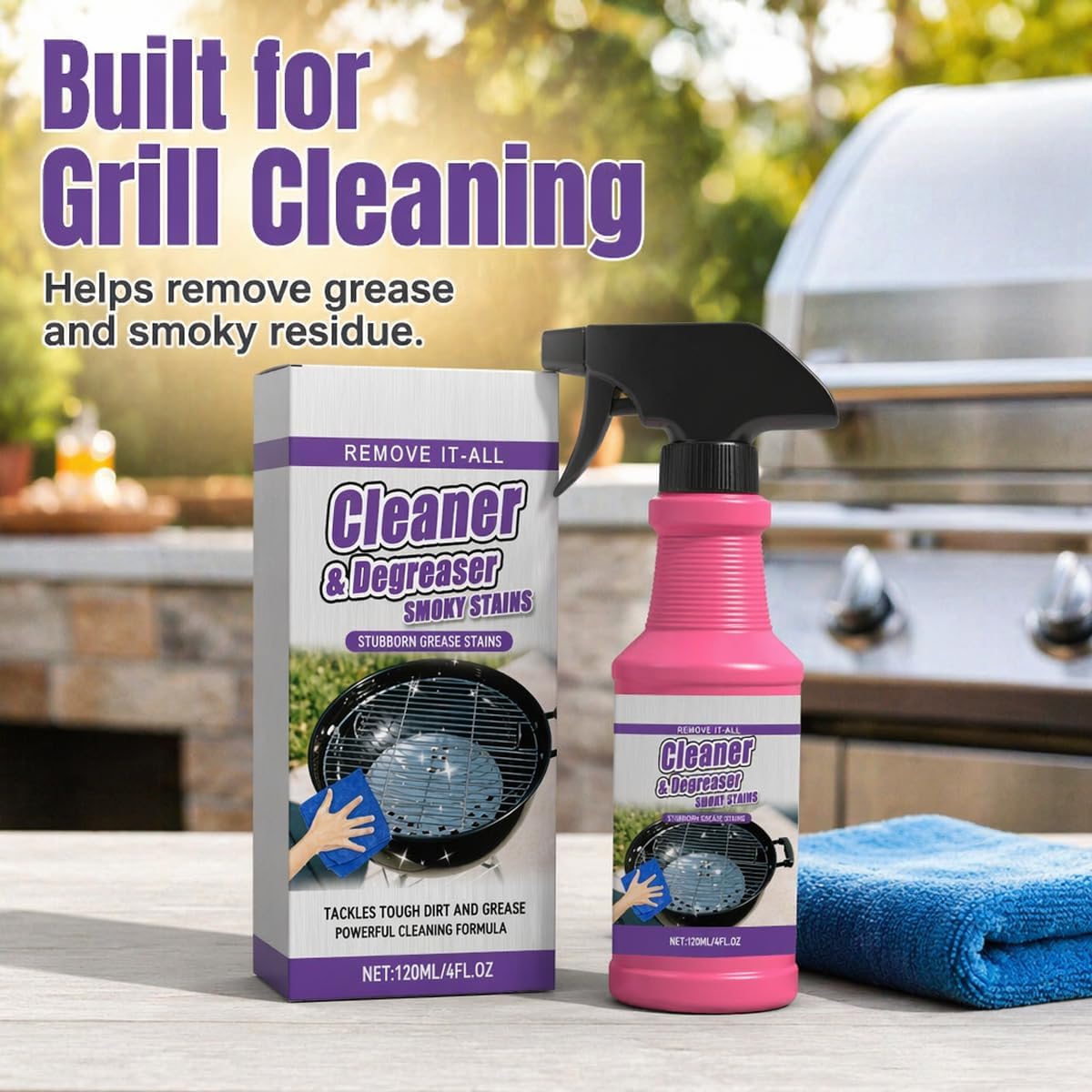 Fast-Acting Grill Cleaner Spray, Heavy Duty BBQ Degreaser for Burnt Food & Stubborn Grease, Powerful No-Scrub Oven & Kitchen Cleaner for Grills, Stovetops & Pans (1pcs)