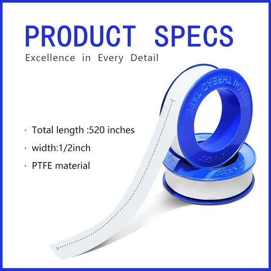 5 Rolls 1/2 Inch(W) X 520 Inches(L) Teflon Tape PTFE Thread Sealant Plumbers Tape for Seal Water Pipe, Shower Head,Prevent Leakage Duct Sealant Tape