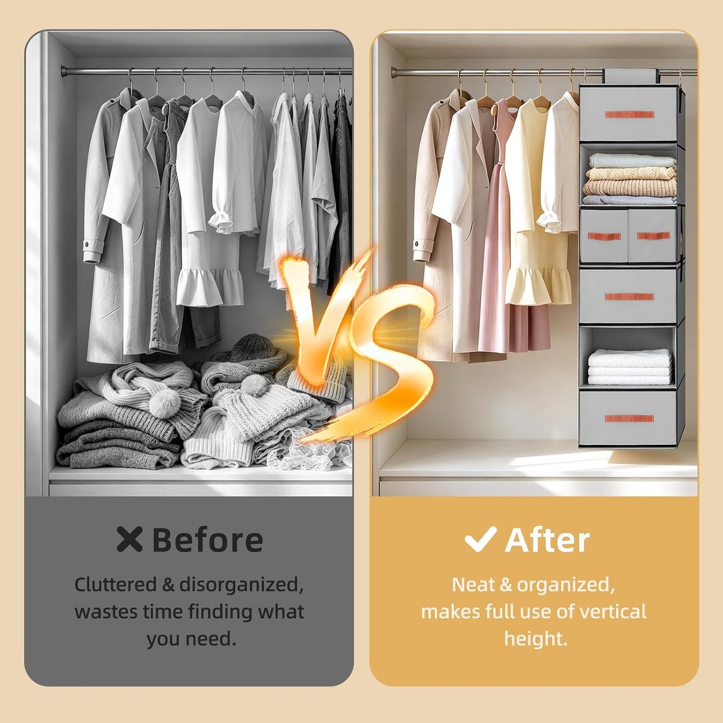 Hanging Closet Organizer 6-Shelf, Upgrade Closet Organizers and Storage with 5 Removable Drawers & 4 Side Pockets, Hanging Shelf Organizer for Closet or Garment Rack, 12.6'' x 12.6'' x 44.1'', Beige