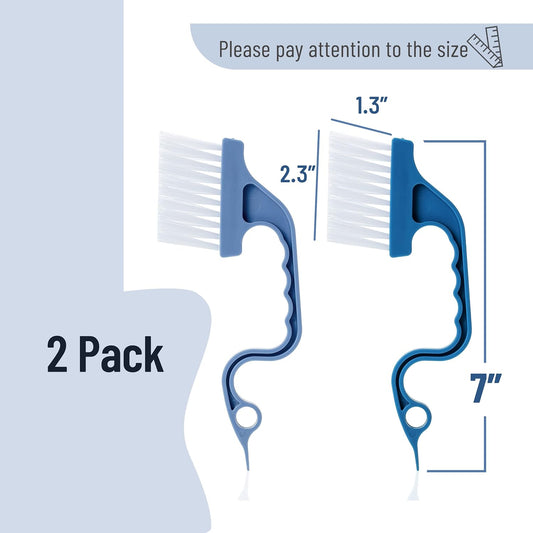 Slick- Window Track Cleaning Brush, 2 Pack, Blue Ergonomic Handle | Built-in Scraper, Multipurpose Window Track Cleaning Tool for Sliding Doors, Windows, Corners, Dust, Dirt & Narrow Gaps