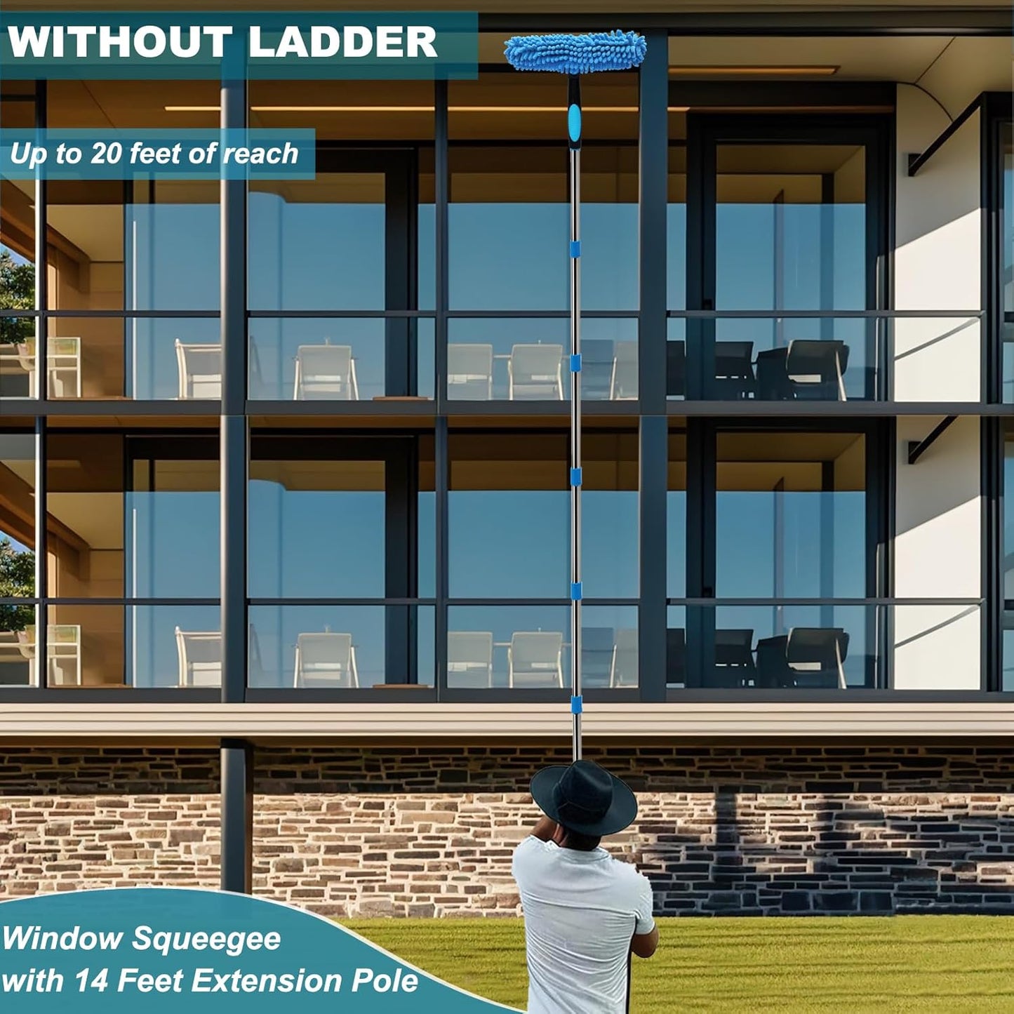 20+ Feet Reach Blue 2 in 1 Window Washing Squeegee & Duster with 3-14 ft Spliceable Extension Pole // Window Cleaning Tool & Window Washer Squeegee for Home Indoor Outdoor Window Washing