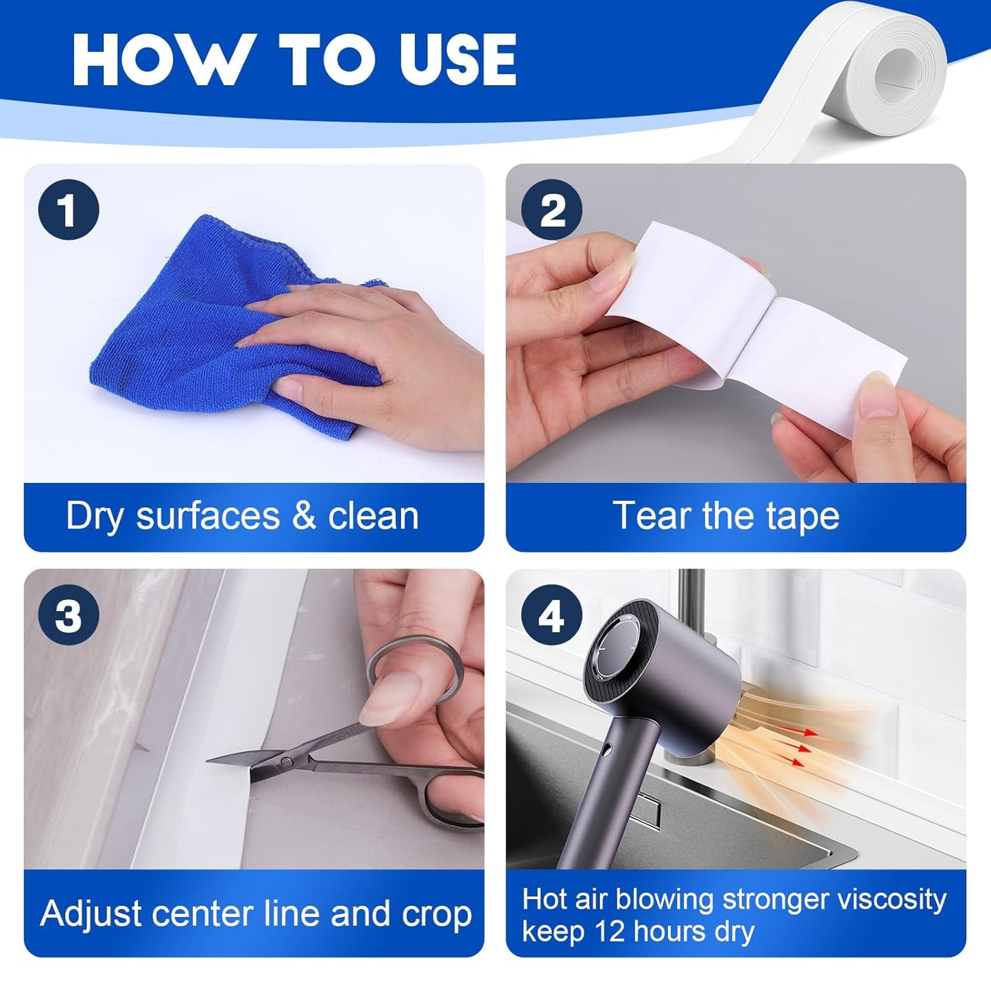 ESRICH White Caulk Tape,5 Rolls Caulk Tape Waterproof Self Adhesive, Toilet Caulking Strip for Bathtub, Kitchen, Countertop,Sink,Wall Tile Edge Peel and Stick Caulking Sealing Tool (1.5" x10Ft)