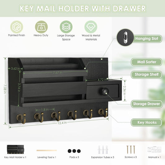 VIS'V Key Holder Wall Mount, Wooden Mail and Key Organizer, White | Contains Little Drawer, Small Shelf, 2 Slots, 6 Hooks, for Entryway, Hallway, Doorway, Kitchen, Garage, RV
