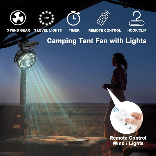 Portable Fan with Remote Control & Timer & LED Lights, 60hrs 12000mAh USB Rechargeable Battery,Clamp/Hanging/Stand Up, Small Clip on Fan for Baby Stroller, Bed, Desk, Camping Tent, Travel