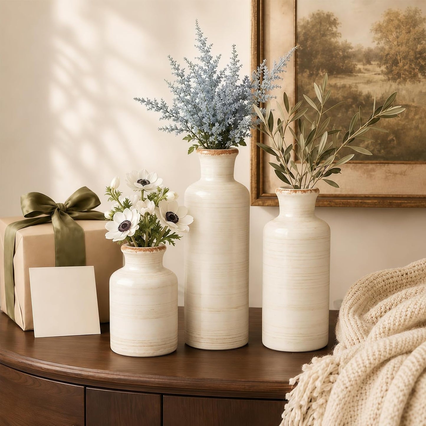 TBWIND Ceramic Vases Set of 3, Neutral Pottery Rustic Farmhouse Flower Vase | Small Decorative Flower Vases Modern Home Decor for Table Mantel Entryway Bookshelf Living Room Kitchen Bedroom