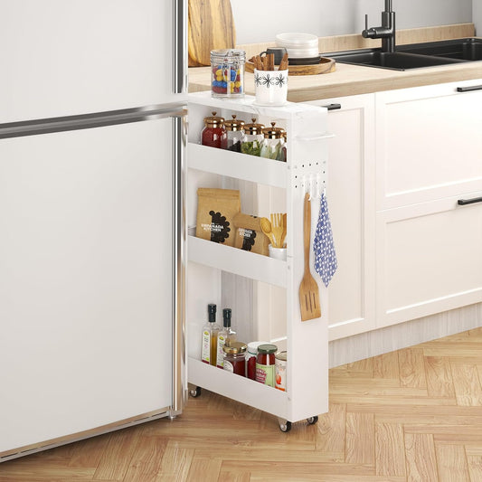 XYZLVSI Slim Storage Cart, Narrow Kitchen Rolling Cart for Small Spaces | 5.9" W skinny storage cart, 12.4" bottom metal utility cart with 360° swivel wheels for bathroom/laundry, slim shelf, white