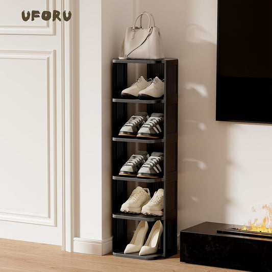 UFORU Small Shoe Rack, 5 Tier Plastic Vertical Shoe Rack for Small and Narrow Spaces, Free Standing Shoe Organizer for Closet, Entryway
