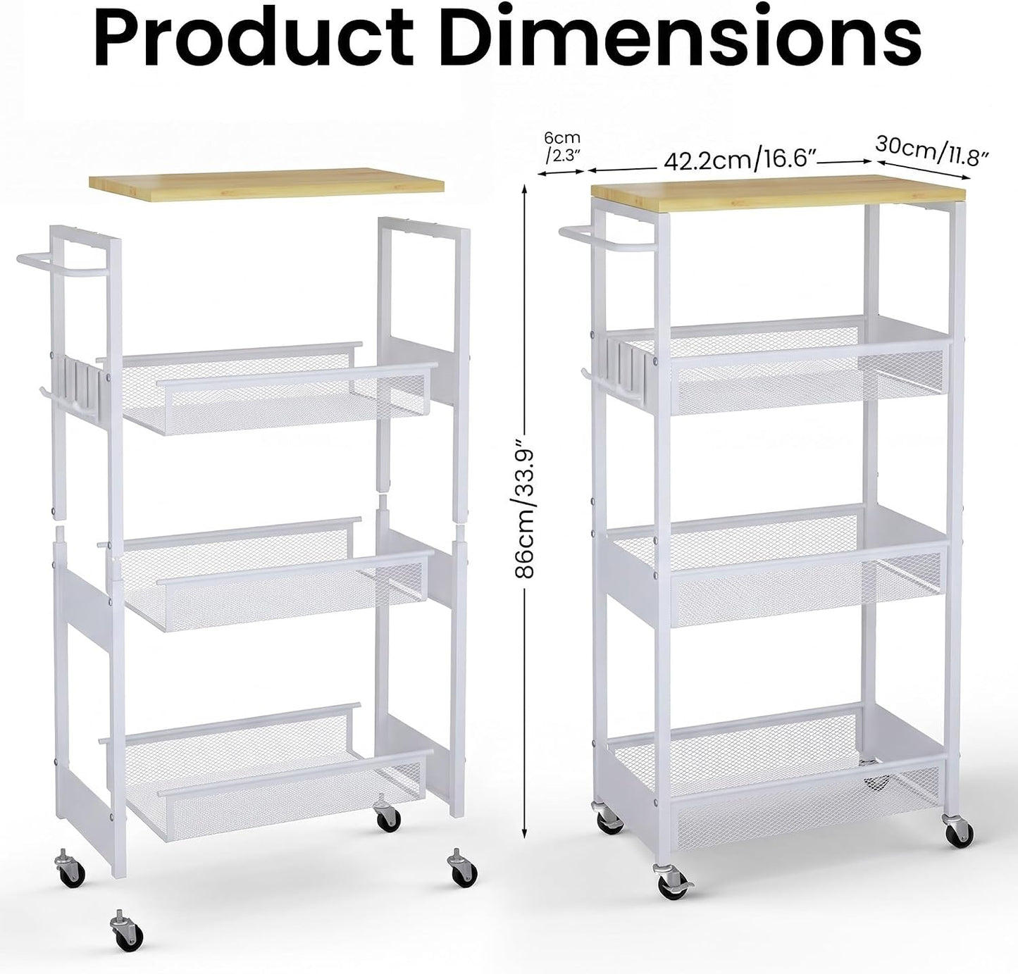 Vincona 7.1" Wide Slim Storage Cart on Wheels, 4 Tier Metal Narrow Rolling Cart with Handle and Wood Top, Multifunctional Small Mobile Shelf Unit Organizer Trolley for Laundry, Bathroom, Kitchen