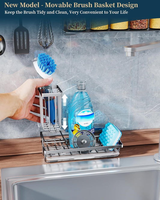 Consumest Sponge Holder for Kitchen Sink - Kitchen Sink Caddy Organizer with Removable Drip Tray for Countertop Dish Soap Dispenser Brush Storage Accessories 304 Stainless Steel - Black