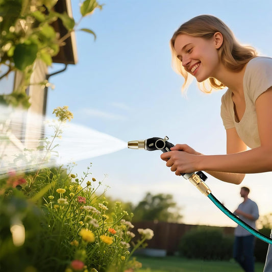 RESTMO Garden Hose Nozzle, Heavy Duty Water Hose Sprayer Nozzle for Outdoor | Metal Hose Nozzle, Brass Head, Adjustable Thumb Control, 4 Spray Patterns, Leak-proof, Ideal for Lawn & Plant & Car, Black