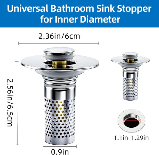 Bathroom Sink Drain Strainer, Pop-up Sink Drain Strainer with Removable Stainless Basket Hair Catcher, Bathroom Sink Stopper,1 Pack