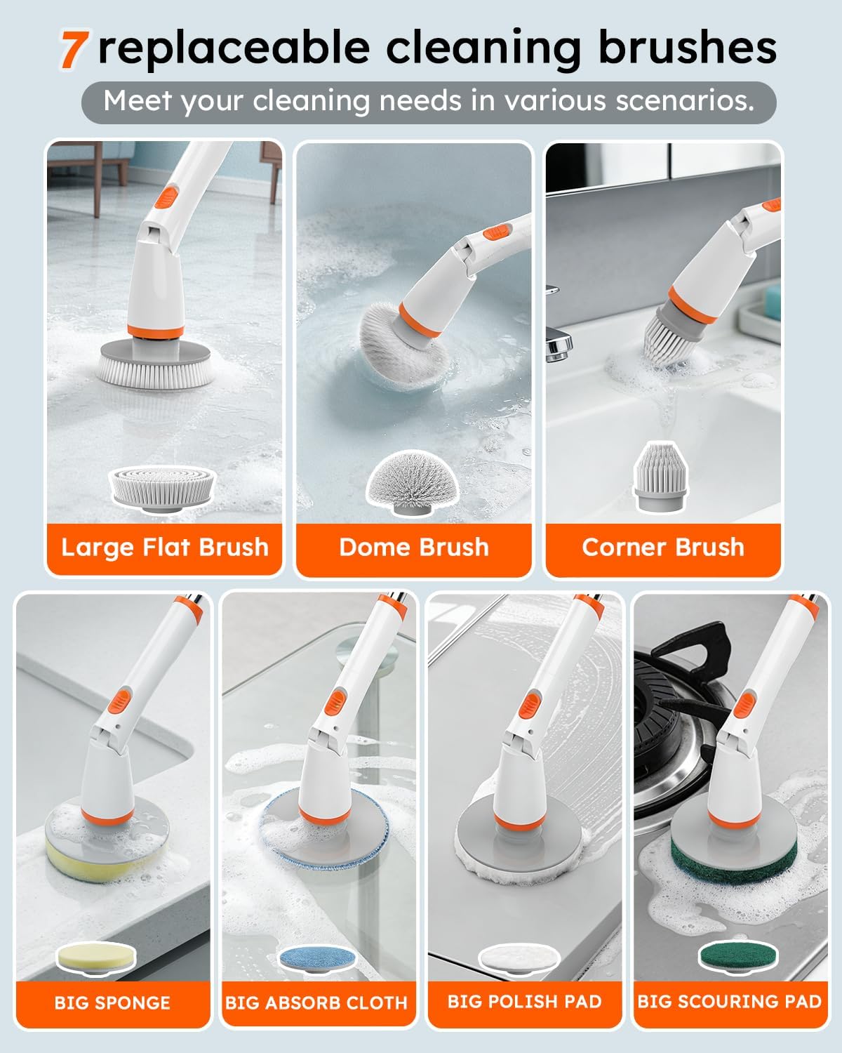 TUYU Electric Spin Scrubber, Full-Body IPX7 Waterproof Bathroom Scrubber with Power LCD Display, Adjustable Extension Handle, Cordless Shower Cleaner Brush for Bathtub Kitchen Wall Cleaning
