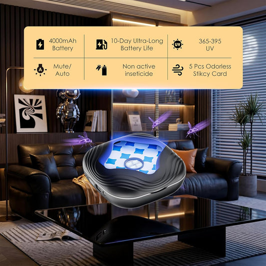 Flying Trap Insect, 2 in 1 Portable Fruit Fly Trap 4000 mAh, 1 Trap Black and 5 Glue Cards, Fruit Fly Traps for Gnat, Moth, Mosquito, Suitable for Home, Outside,Patio,Backyard,Camping