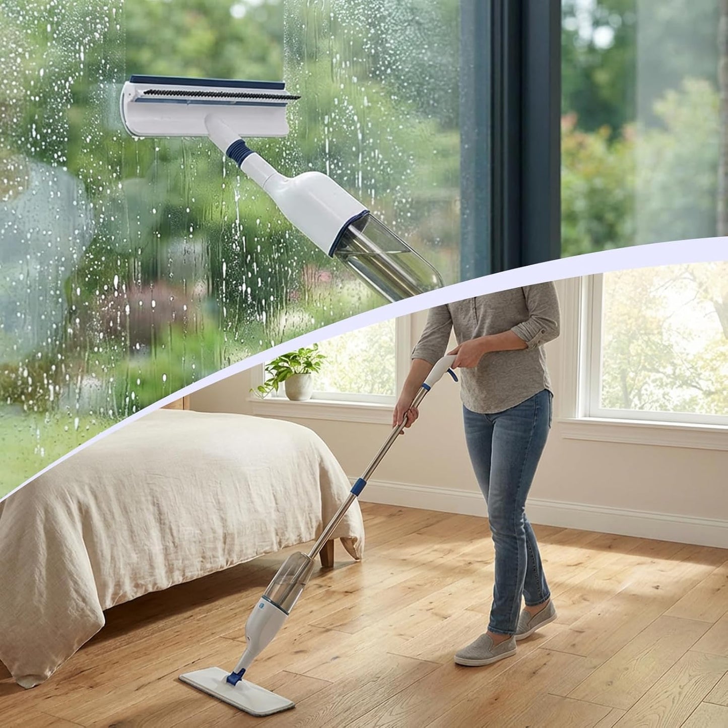 All-in-One Spray Window Squeegee and Floor Mop, 50" Long Handle Spray Squeegee for Window Cleaning, Professional Squeegee with Sprayer for Glass and Window Cleaning