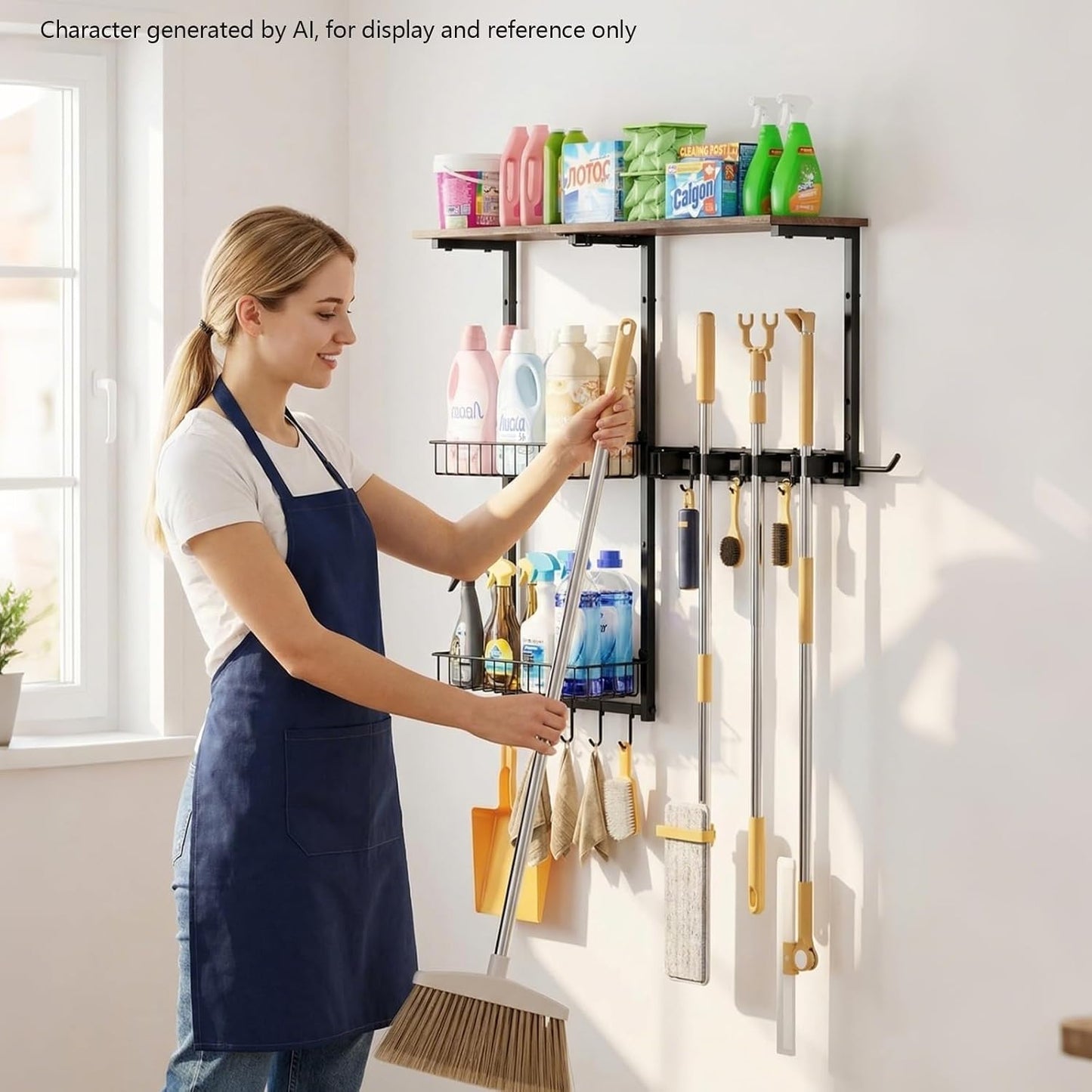 Broom Holder Wall Mount,Mop Rack With Storage Basket,Diversity Laundry Room Cleaning Tool Storage container,Suitable Family Garage Kitchen Organization Wall-Mounted Rack (Black, Medium)