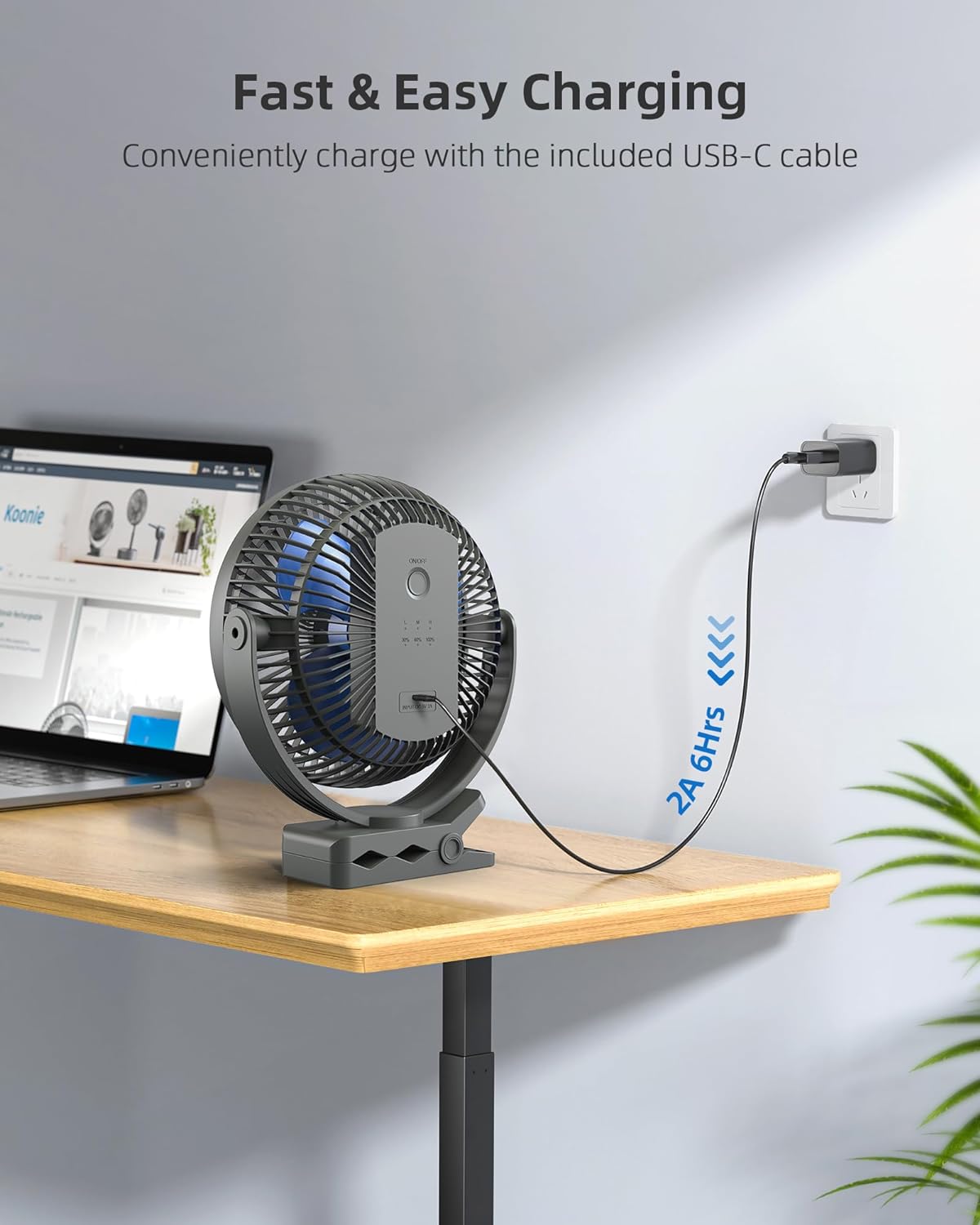 Koonie 8" Clip on Fan, 10000mAh Rechargeable Battery, Strong Airflow | 4 Speeds, Sturdy Clamp, Ideal Portable USB Desk Fan for Office, Golf Cart, Camping, Travel, Tent, Outdoor, Treadmill & Gym