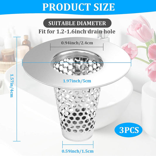 Dayker 3PCS Bathroom Sink Drain Strainers, Stainless Steel Hair Catcher, Cone Shaped Floor Drain Replacement Fit Hole Size 1.2"-1.6", for Laundry Floor Drain, Bathtub, Kitchen Slop Basket Filter Trap