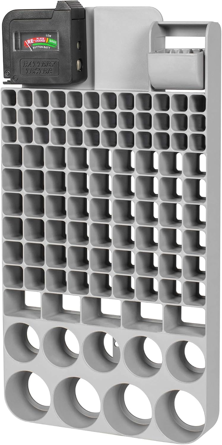 Richards Battery Organizer with Energy Tester, Holds 109 Batteries of Different Sizes for AAA, AA, 9V, C, D, and Button Battery