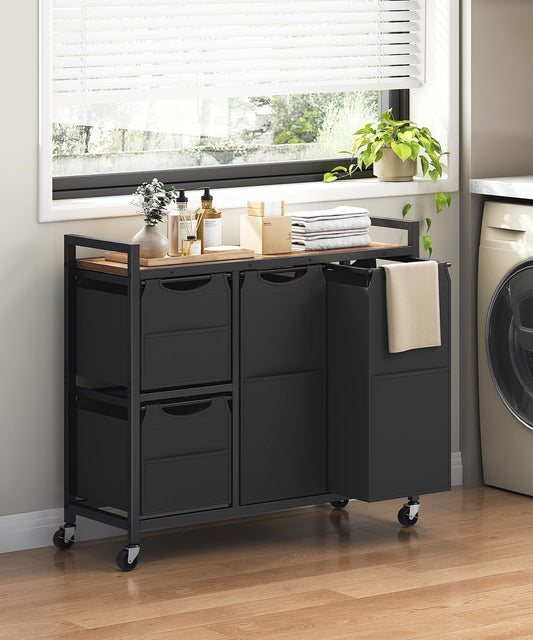 HOOBRO Laundry Sorter with 4 Section, 34 Gal. (127 L) Laundry Hamper with Wheels, Rolling Laundry Basket with Shelves, Pull-Out Detachable Bags, Side Pockets, White, Natural and Beige WNE14XY01N1