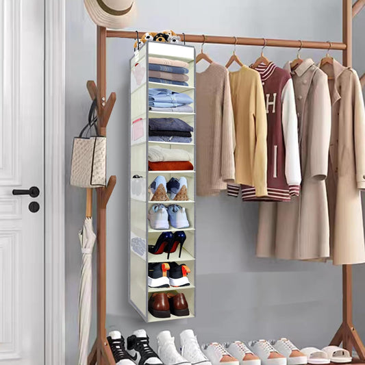 Large-Sized Hanging Shoe Organizer 10-Shelf, Sturdy Hanging Closet Organizer with 8 Side Pockets, Wider Hanging Shelves for Storage Shoes Clothes Jeans Shirts Toys, Black