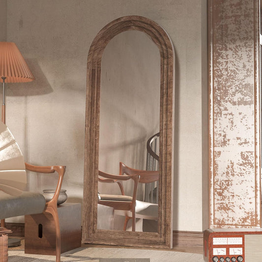 71x32 Inch Arched Full Length Mirror with Solid Wood Frame Wall Mounted Floor Mirror, Vertical Hanging Leaning Standing Mirror for Living Room, Bedroom, Entryway, Brown