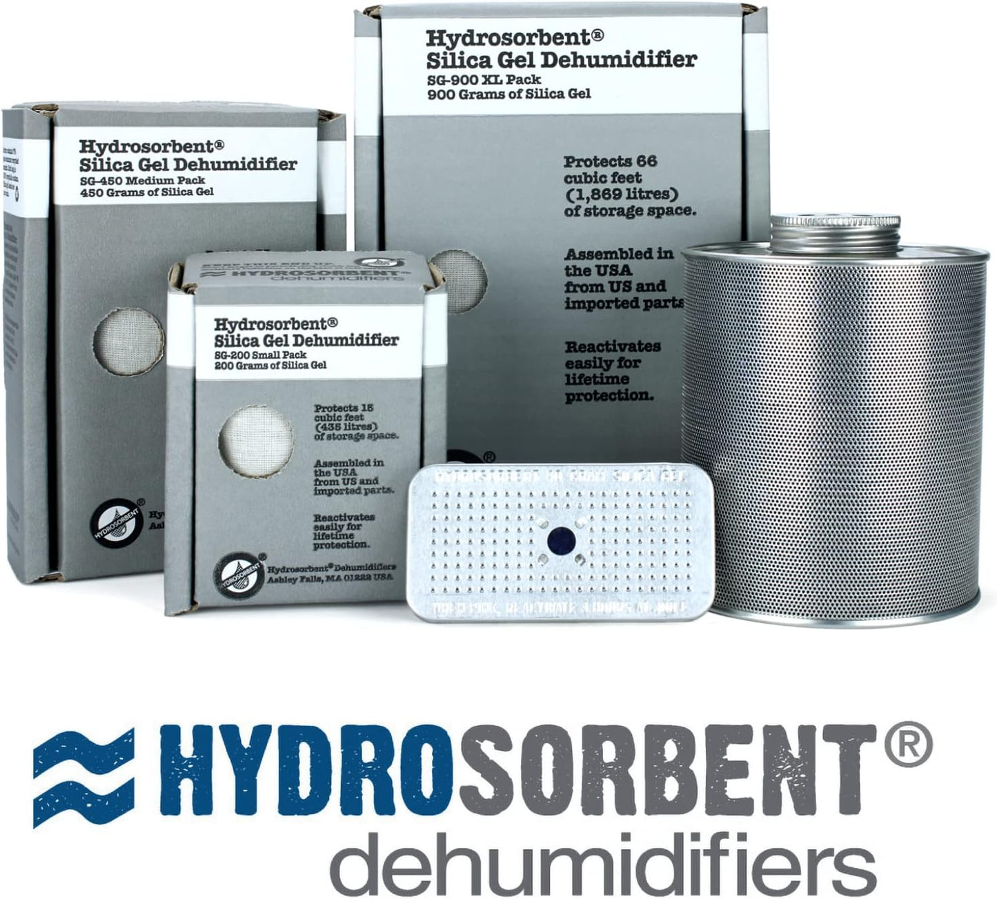 HYDROSORBENT® Moisture Absorbers for Cameras, Telescopes, Safes (40gm - 2 Pack). Blue to Pink. Rechargeable, Reusable Desiccant Dehumidifier. Made in USA Silica Gel Desiccant Mini Canisters.