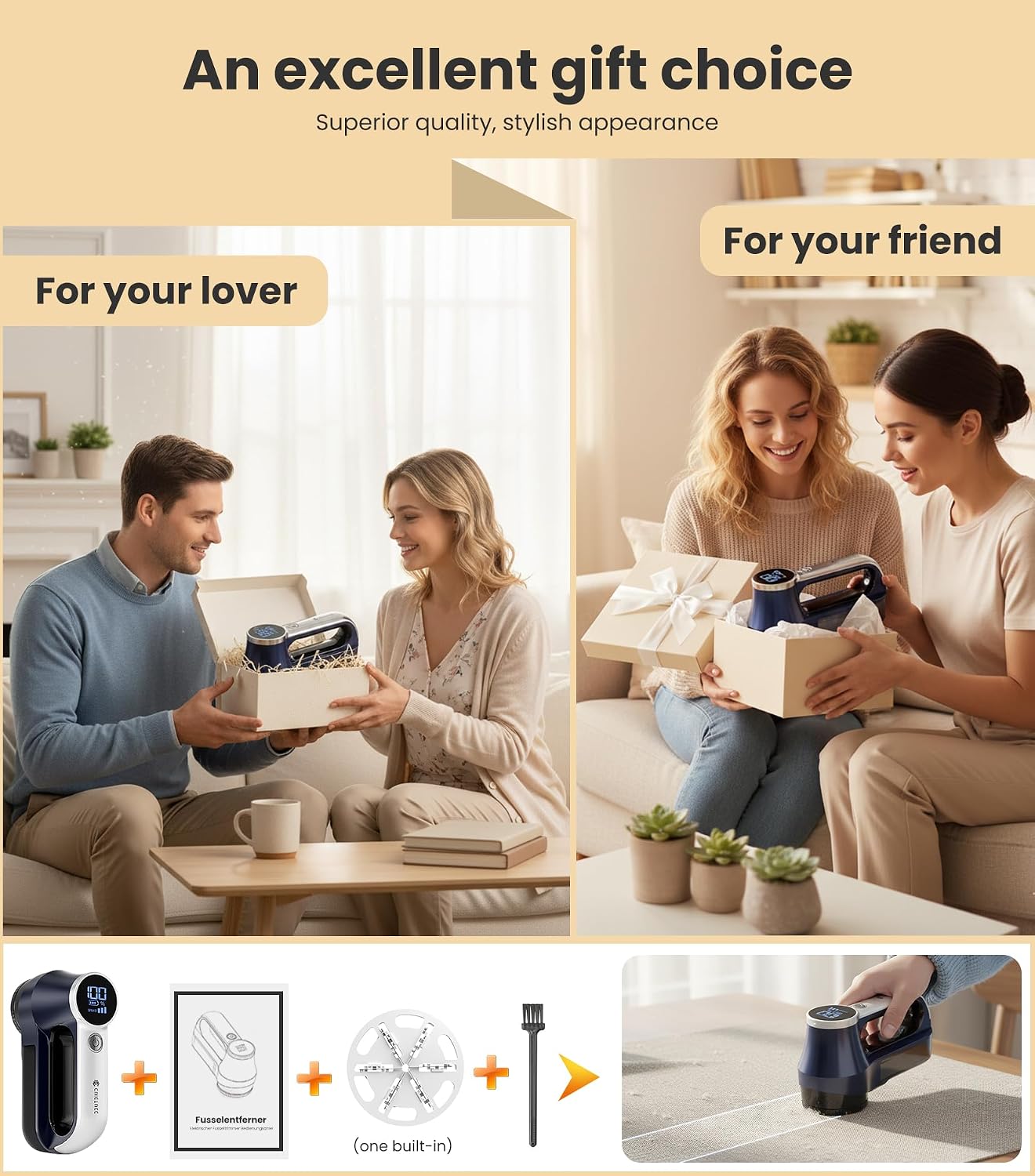 Rechargeable Fabric Shaver | 3-Speed Electric Lint Remover | 6 Blades High Eliminates Fuzz & Pilling | with LED Display & Type-C Fast Charging Port | Lint Shaver for Clothes & Furniture - Navy Blue