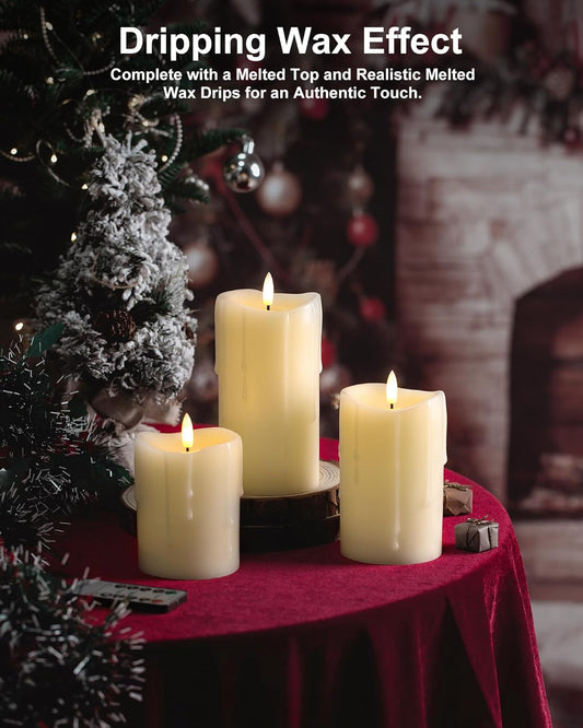 White Flameless Candles with Remote and Timer, Real Wax Made Wax Drip LED Pillar Candles Battery Operated with 3D Flickering Flame Melted Top - 3" x 4",5",6" - Set of 3