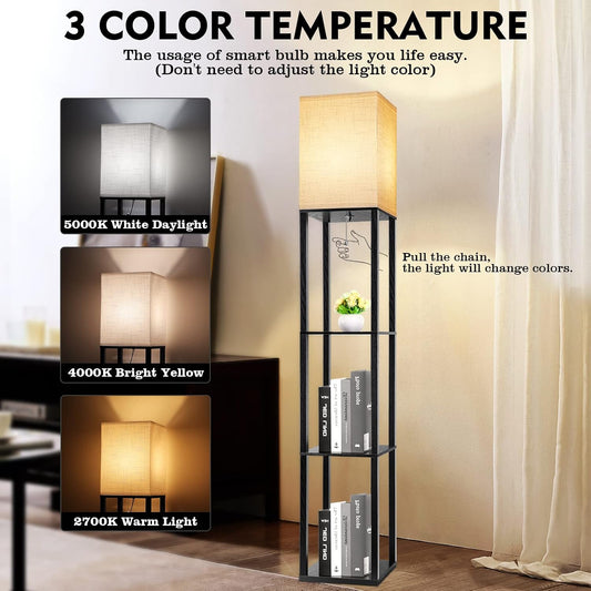 RUNTOP Floor Lamp with Shelves, Modern Shelf Lamp for Display Storage, 3 Color Temperature Wood Narrow Standing Corner Lamp with 8W Bulb for Living Room Decor, Bedroom, Office, Home Decor(Brown)