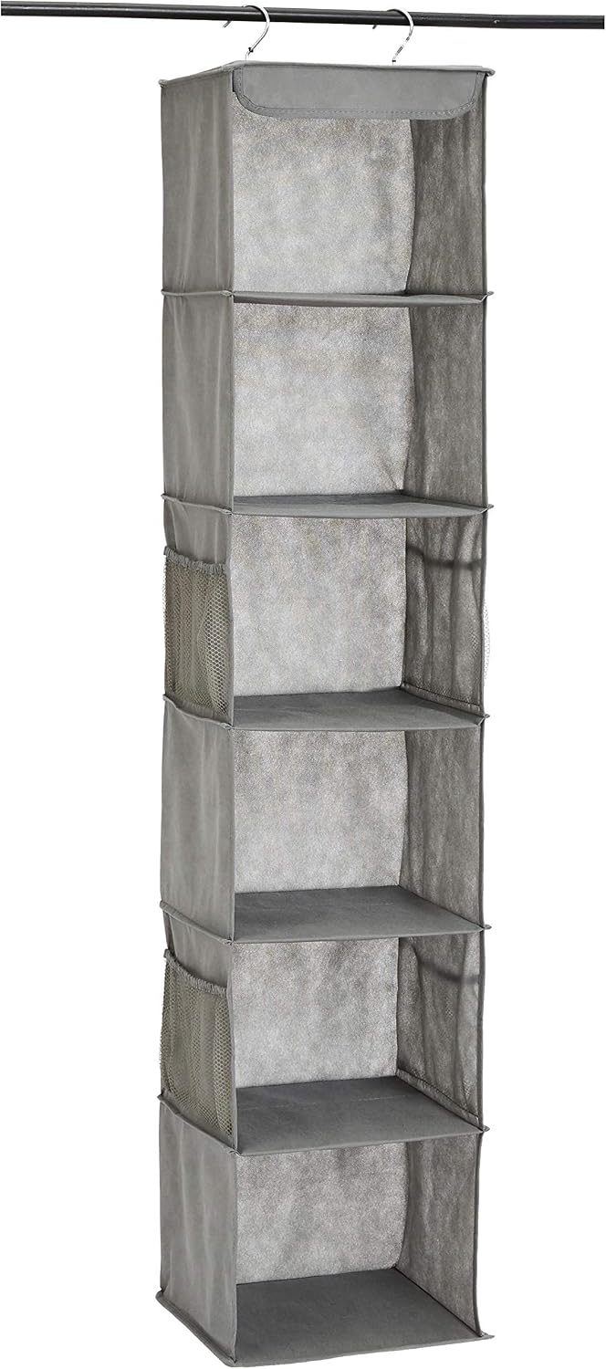 Amazon Basics 6-Tier Hanging Closet Shelf Organizer with Pockets, Clothes Storage for Sweaters and Clothing, 12" W x 9" L x 8.5" H, Grey | Organizer