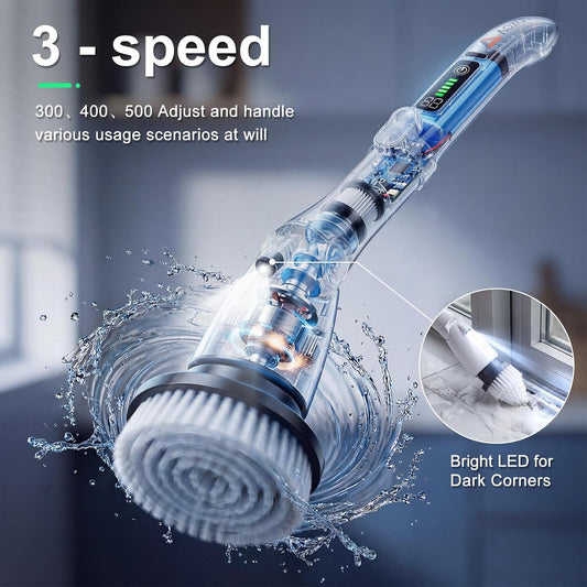 Cordless Electric Spin Scrubber with Extendable Long Handle | 3 Speed Modes, LED Light, 7 Replaceable Brush Heads, Works for Bathroom, Tub, Floor, Tile, Grout Cleaning
