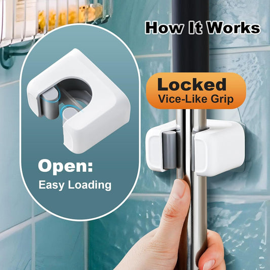 funest 6 Pack Mop and Broom Holder Wall Mount, No Drill Needed Self Adhesive, Non-Slip Mop Grippers for Tile Walls - Kitchen, Bathroom, Garage(White)