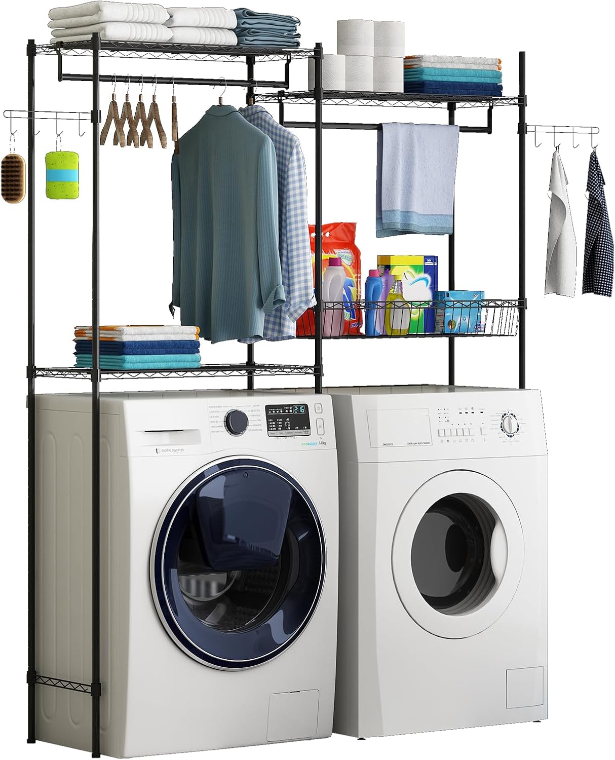 Over Washer and Dryer Storage Shelves, Clothes Drying Rack with Adjustable Shelf, 57.4" W Space Saving Shelving Units with Laundry Hamper and Hooks, Laundry Room Organization and Storage