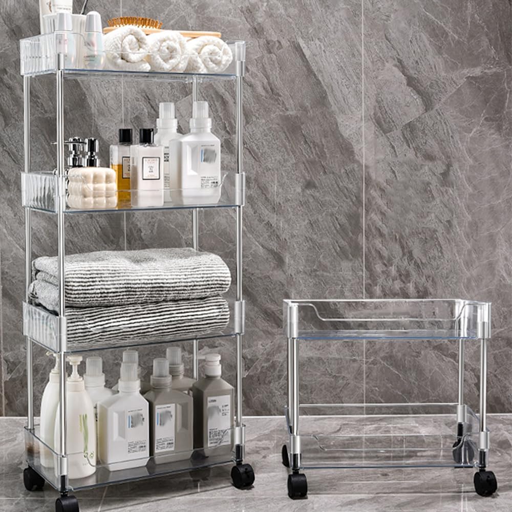 Betoveren 2 Tier Utility Rolling Cart Storage Organizer with Wheels Under Desk Mobile Bathroom Cart Organizer for Office Bathroom Home Kitchen Organization Transparent (Width 8.85 Inches)