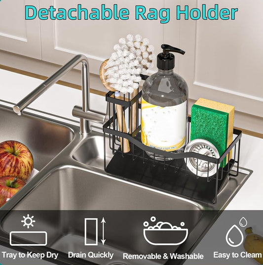 Sponge Holder for Kitchen Sink with Auto Draining Tray,Kitchen Sink Caddy Organizer with Rag Holder, Rustproof Stainless Steel Kitchen Organizers Soap Dispenser Storage Organize