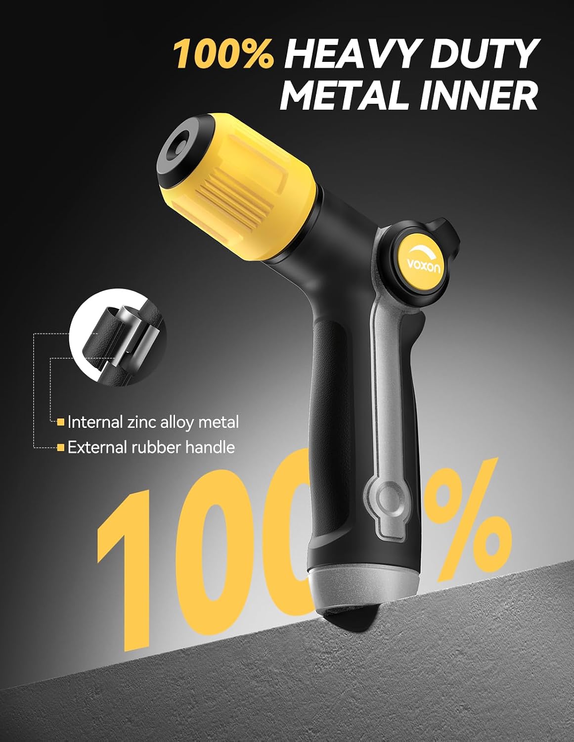 VOXON Garden Hose Nozzle with High Pressure Jet, 100% Heavy Duty Metal Water Hose Nozzle Sprayer with Thumb Flow Control, Adjustable Spray Patterns for Garden Watering, Car Washing, Yellow