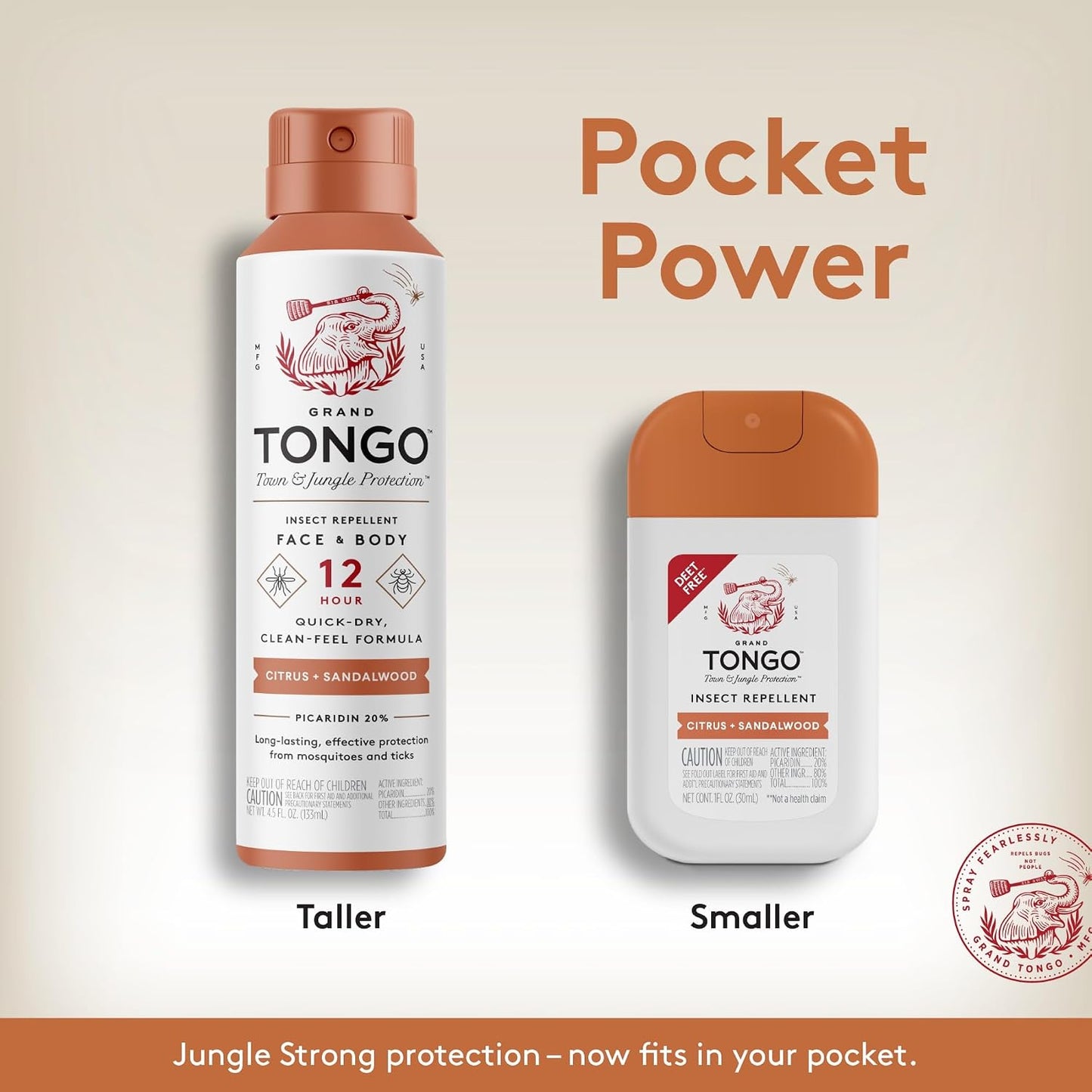 Grand Tongo DEET-Free Insect Repellent Spray, 12 Hour Mosquito Protection, Picaridin Pocket Pump Spray, 1 oz Travel Size, Citrus + Sandalwood, 3 Pack