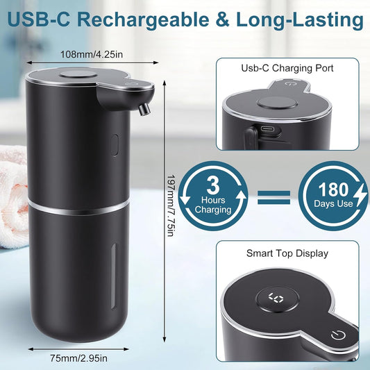 Automatic Soap Dispenser, Hand Soap Dispenser 12.8oz/380ml Smart Rechargeable, Liquid Touchless Soap Dispensers with 6-Level, Wall Mounted or Countertop Dish Soap Dispensing for Bathroom & Kitchen