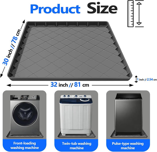 Washing Machine Drain Pan Silicone Mat, 32 x 30 Inch Non-Slip Waterproof Washing Machine Drip Tray, 1 Inch Raised Edge Mat for Floor Protection, Washer or Dryer Shock Mat