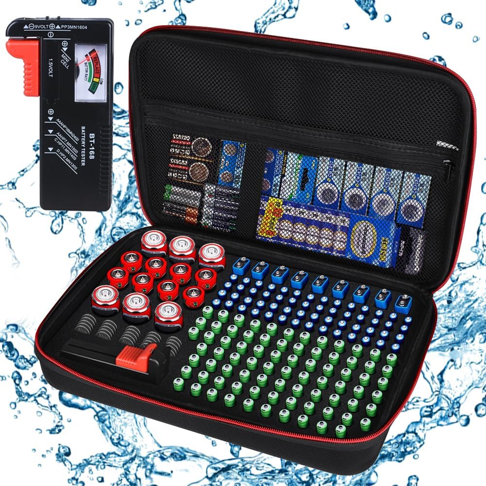 Battery Organizer Holder Storage Case with Tester,Waterproof Carrying Case Bag,Battery Vault Box for Garage Organization Holds 199+ Batteries AA AAA C D 9V (Batteries are Not Included)