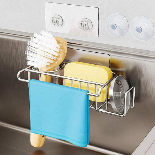 HapiRm 4 in 1 Kitchen Organizers and Storage, SUS304 Stainless Steel Brush Holder + Dish Cloth Hanger + Soap Rack + Sink Stopper Rack, No Drill Kitchen Essentials - Black