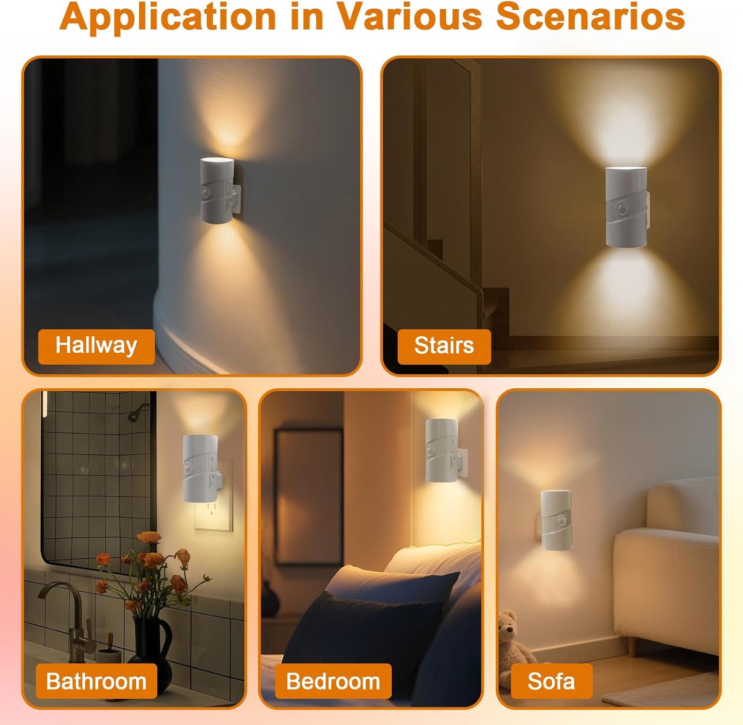 LED Night Light Plug in, Modern Night Lights Plug into Wall, Motion Activated Night Light, 0-100LM Soft White 3000K, Adjustable Brightness Night Lights for Hallway Bedroom Stairway, 2 Pack