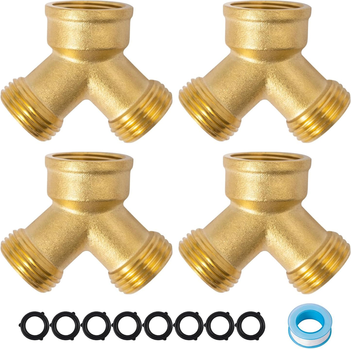 SUNGATOR 3/4 Inch GHT Y Valve, 2 Way Brass Garden Hose Splitter Heavy Duty, 3/4'' GHT Garden Hose Bib Splitters, Brass Y Valves with Extra 4 Rubber Washers, 1 Sealing Tape