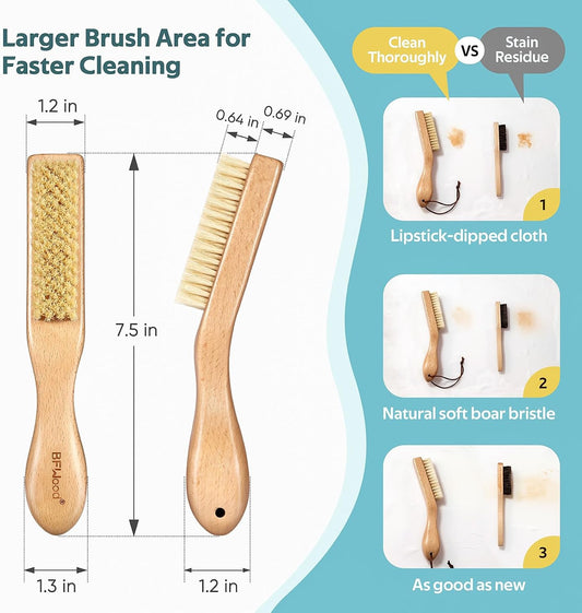 BFWood Laundry Stain Brush, Natural Soft Boar Bristles, Removes Tough Stains from Delicate Fabrics Like Knits, Cotton, and Linens, Gentle on Fabrics, No Damage