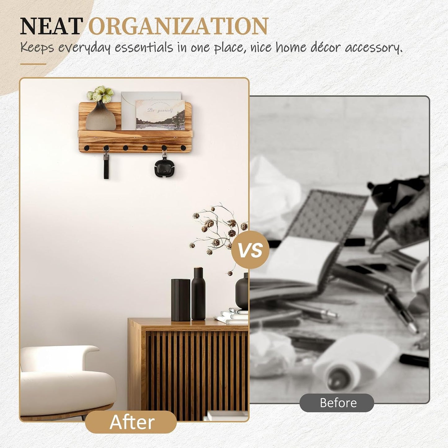Nekon Key Holder for Wall with Shelf, Pine Wooden Key Hanger Wall Mounted, Farmhouse Wall Organizer for Home Entryway & Apartment (Standard, Wood)
