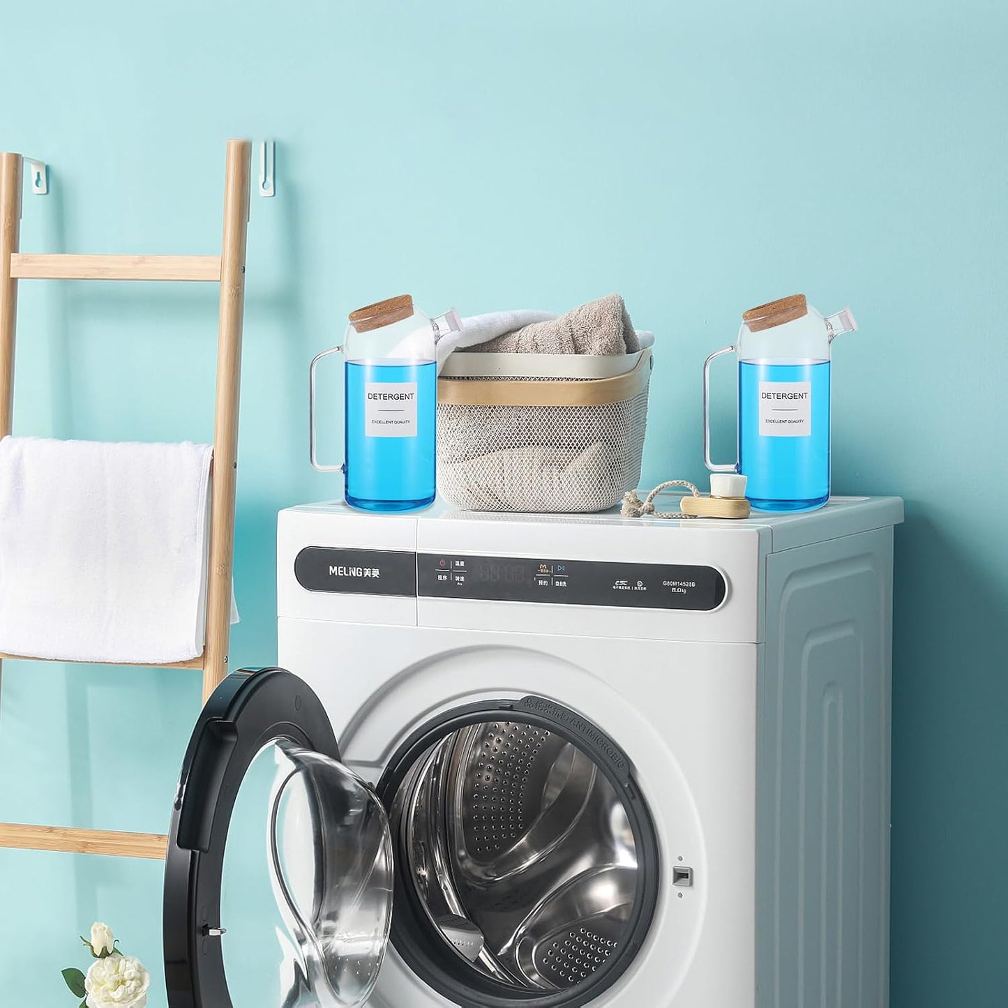 2 Sets Liquid Laundry Detergent Dispenser with Lables, 60oz Glass Laundry Detergent Dispenser, Ideal for Laundry Room Organization and Storage, for Bleach, Fabric Softener, Laundry Soap Dispensers