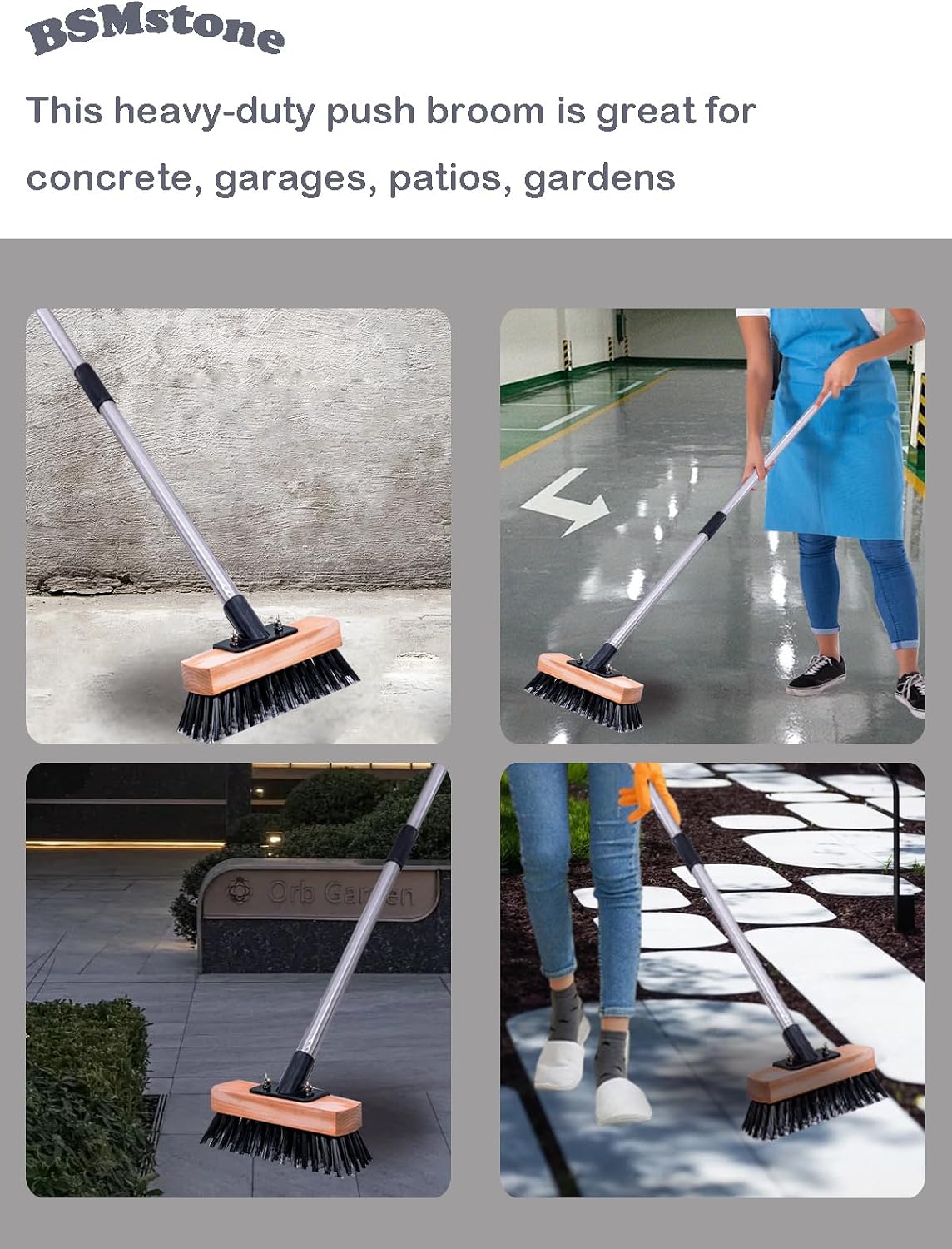 Heavy Duty Push Broom Stiff Bristle Broom Brush with Solid Wood Broom Head Indoor Outdoor Floor Scrubber Brushes for Bathroom Bathtub Tile Floor Patio Swimming Pool