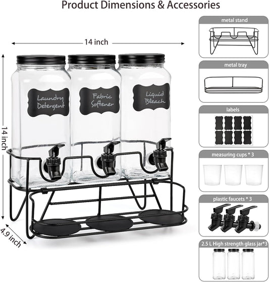 3 Sets 2.2L Liquid Laundry Detergent Dispenser, Glass Laundry Soap Dispenser with Stand, Measuring Cup, Fabric Softener Dispenser for Laundry Room Organization