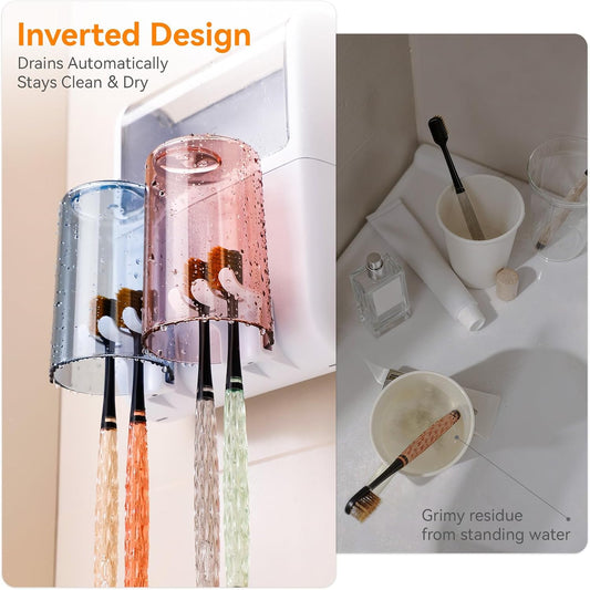 Toothbrush Holder Wall Mounted with Automatic Toothpaste Dispenser, Dustproof Flip Cover and Inverted Cup Slots, Multi-Functional No-Drill Bathroom Organizer for Family, Space Saver (3 Cups)