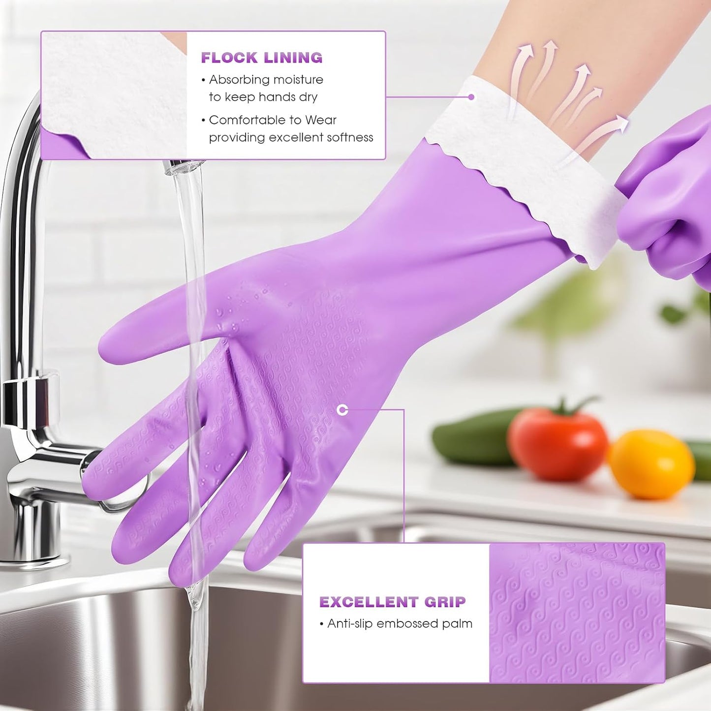 Elgood Reusable Long Sleeve Dishwashing Cleaning Gloves with Latex Free,Cotton Lining,Kitchen Gloves 2 Pairs,Purple+Blue M